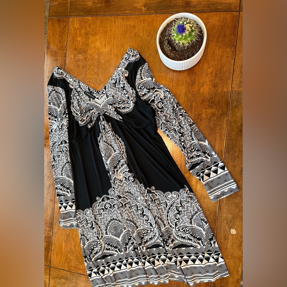 INC International Concepts Black White Paisley Dress XL Long Sleeve Flowy Boho